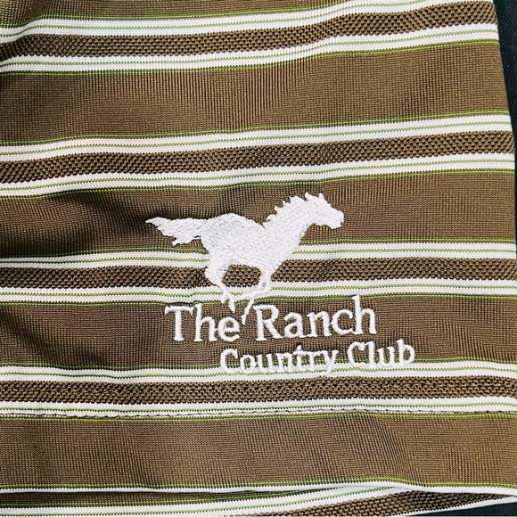 Oakley Golf Polo Men’s Large Olive Green Striped Ranch Country Club Logo Shirt - Picture 6 of 7